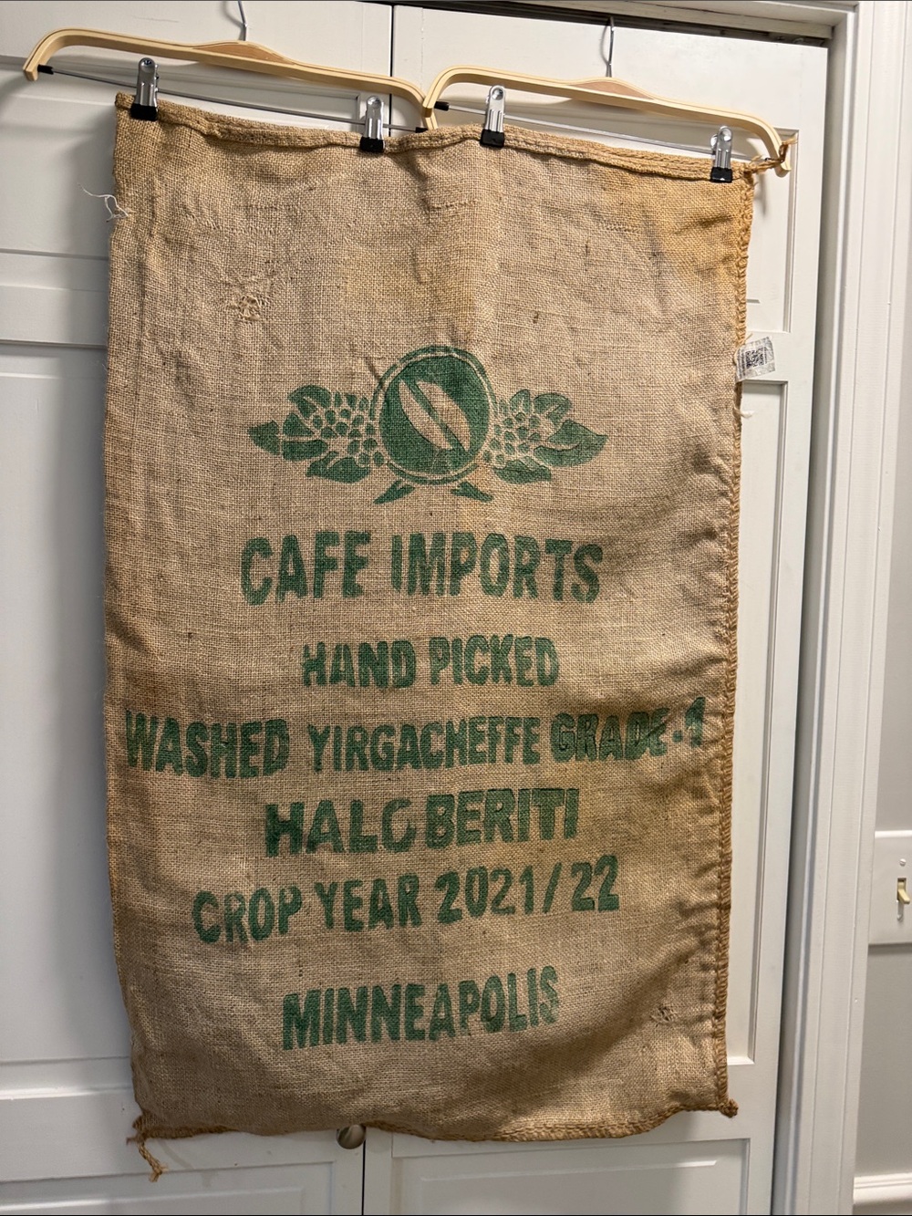 Burlap Coffee Sack Wall Hanging - Natural with Green Print
